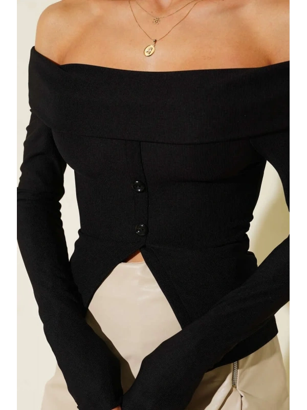 Madonna Yaka Düğmeli Bluz siyah t4329