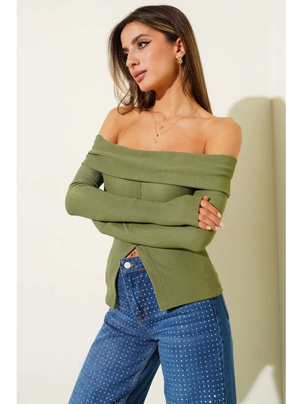 Madonna Yaka Düğmeli Bluz yeşil t4329