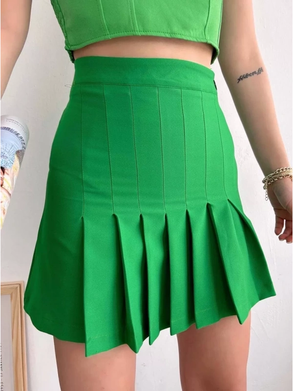 Pileli düğmeli etek açık yeşil s24811