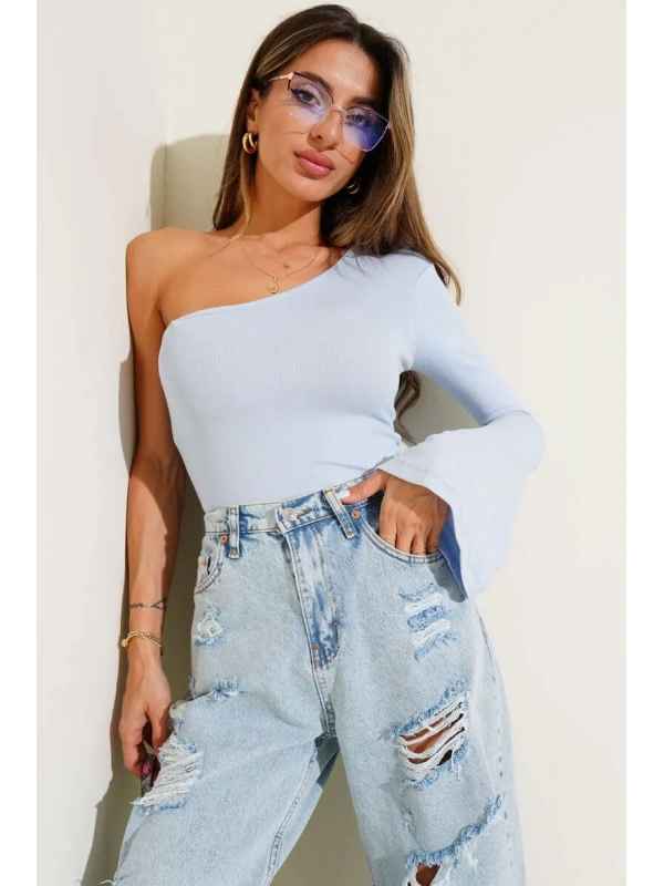 Tek Omuzlu Basic Bluz Mavi T4275