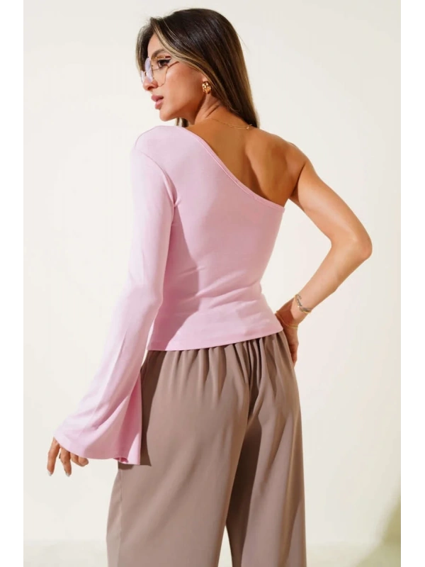 Tek Omuzlu Basic Bluz Pembe T4275