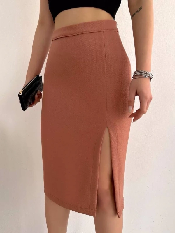 Uzun midi boy yırtmaçlı etek somon s24907