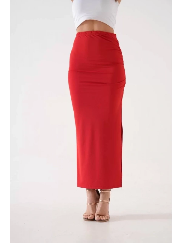 Uzun yırtmaçlı ince kumaş etek kırmızı