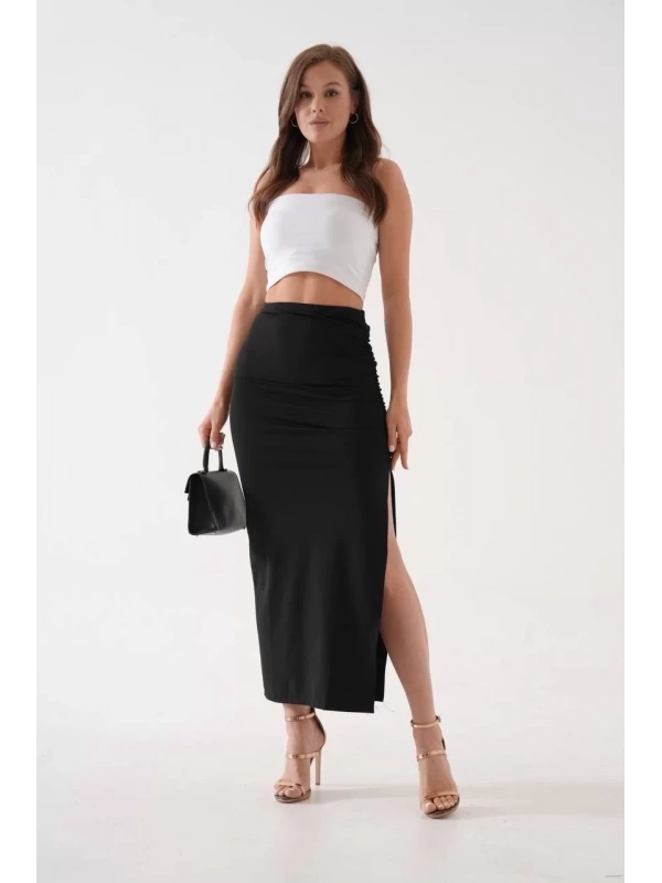 Uzun yırtmaçlı ince kumaş etek siyah