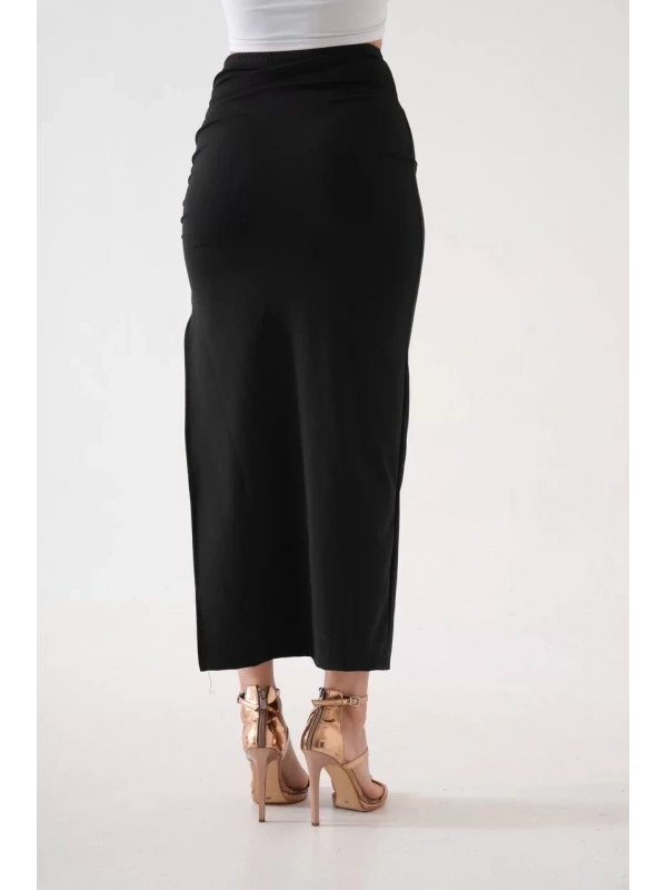 Uzun yırtmaçlı ince kumaş etek siyah