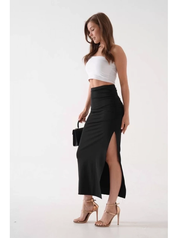 Uzun yırtmaçlı ince kumaş etek siyah