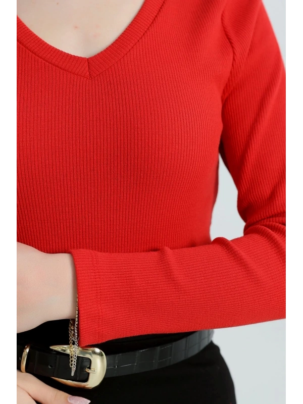 V yaka kaşkorse bluz kırmızı a3699