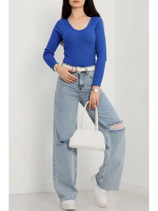 V yaka kaşkorse bluz saks mavisi a3699