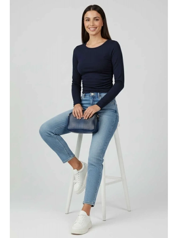 Yanı Büzgülü bluz Lacivert T4322