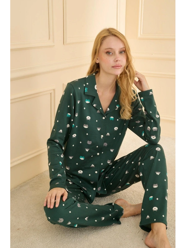 19103 Kadın Düğmeli Uzun Kol Pijama Takımı
