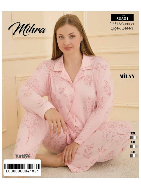 50801 Kadın Düğmeli Battal Pijama Takımı