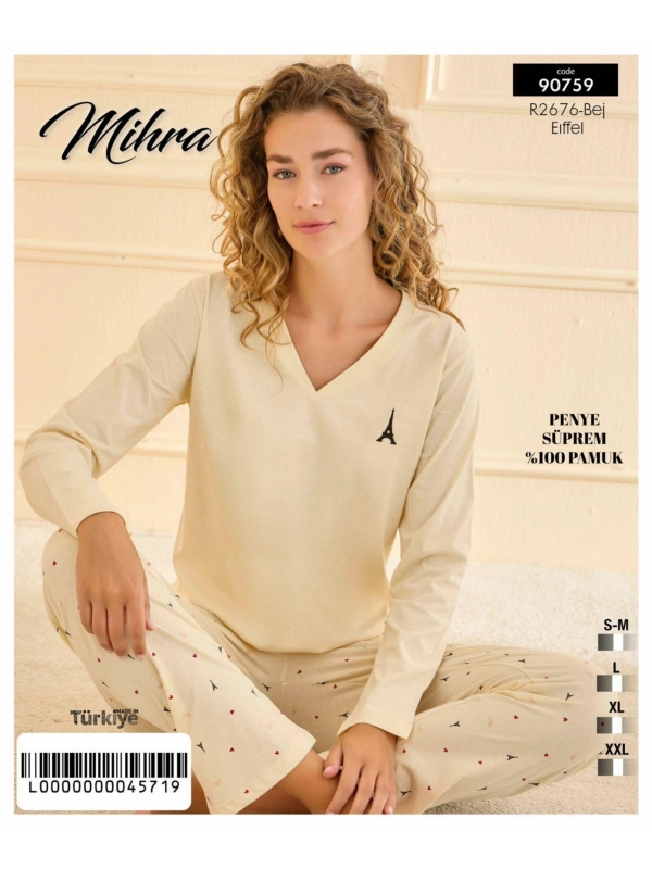 90759 Kadın V Yaka Uzun Kol Pijama Takımı