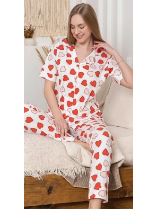 Alissa 6295 Kadın Kalp Desenli Patlı Pijama Takımı