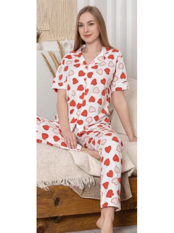 Alissa 6295 Kadın Kalp Desenli Patlı Pijama Takımı