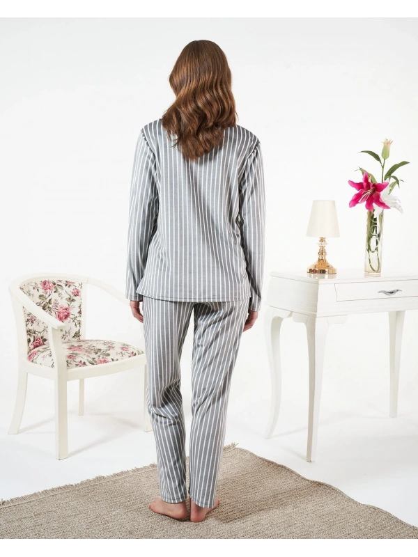 Estiva 25360 Gömlek Yaka Çizgili Kadife Pijama Takımı