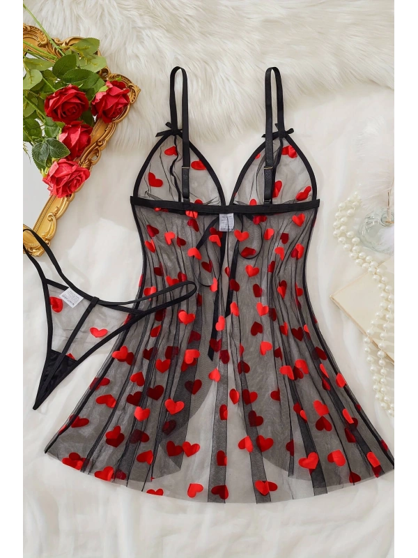 Kalp Desenli Siyah Transparan Gecelik Brf1378