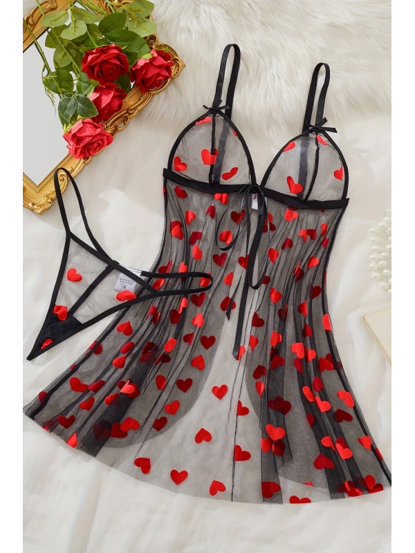 Kalp Desenli Siyah Transparan Gecelik Brf1378