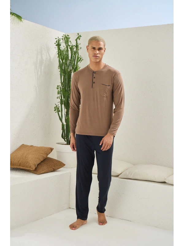 Kocabey 9220 Erkek Midi Yaka Uzun Kol Pijama Takım