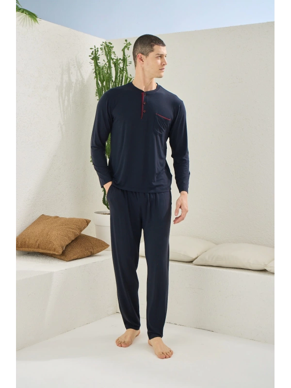 Kocabey 9220 Erkek Midi Yaka Uzun Kol Pijama Takım