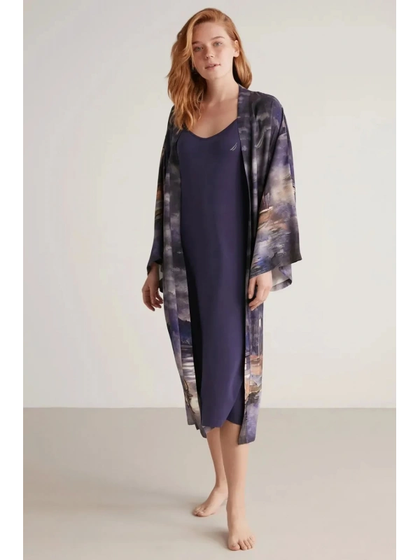 Nautıca W603 Kadın Baskılı Uzun Gecelik Ve Sabahlık Takımı