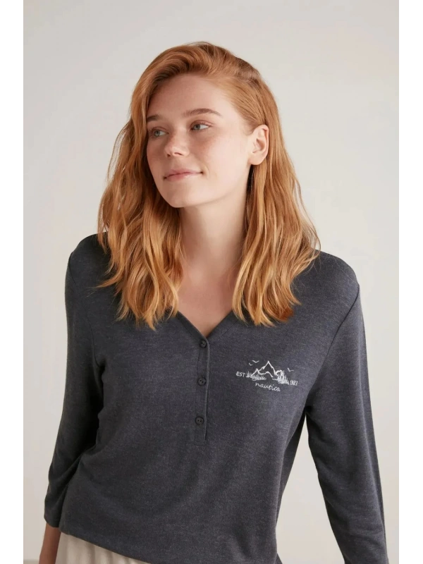 Nautıca W604 Kadın Patlı V Yaka Uzun Kollu Pijama Takımı