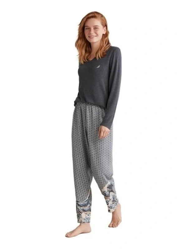 Nautıca W618 Kadın Patlı V Yaka Uzun Kollu Pijama Takımı