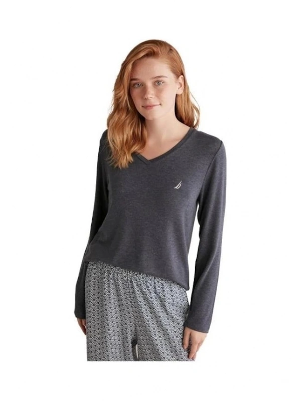 Nautıca W618 Kadın Patlı V Yaka Uzun Kollu Pijama Takımı