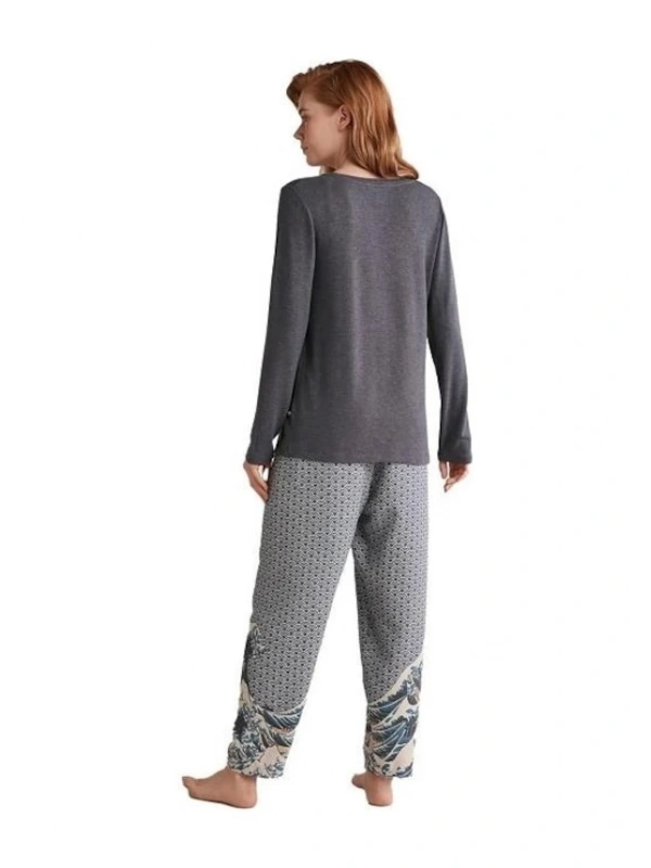 Nautıca W618 Kadın Patlı V Yaka Uzun Kollu Pijama Takımı