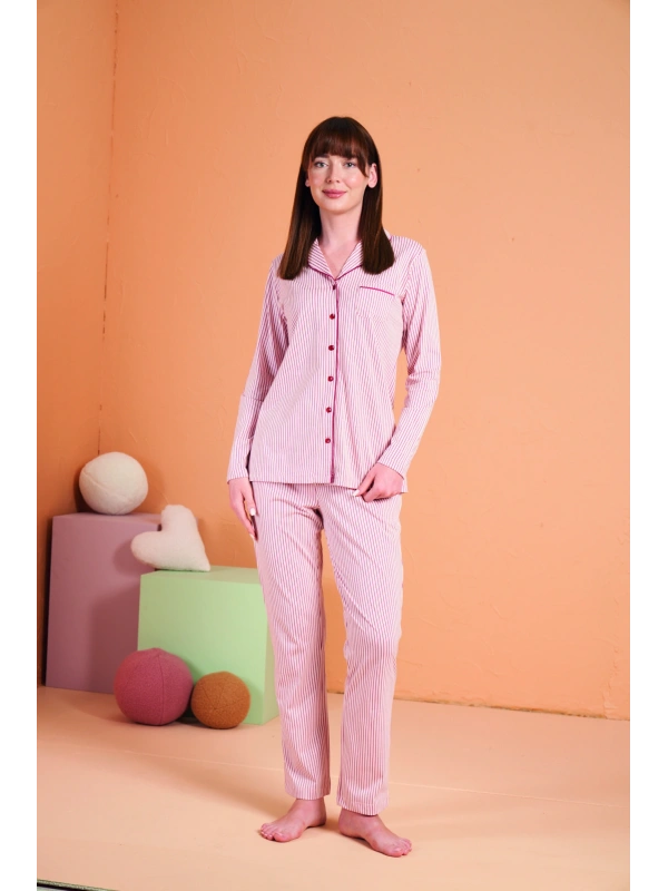 Pjs 28001 Kadın Uzun Kol Çizgili Önü Düğmeli Pijama Takım