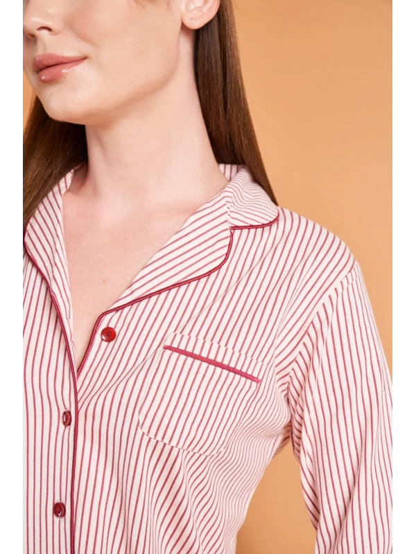 Pjs 28001 Kadın Uzun Kol Çizgili Önü Düğmeli Pijama Takım