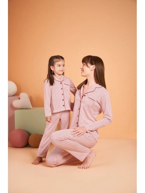 Pjs 28001 Kadın Uzun Kol Çizgili Önü Düğmeli Pijama Takım