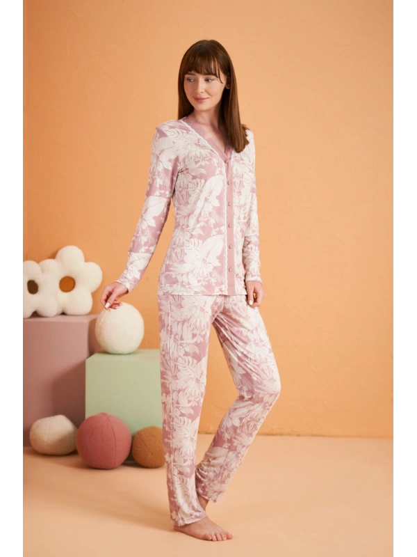 Pjs 28017 Kadın Uzun Kol Önü Düğmeli Pijama Takım