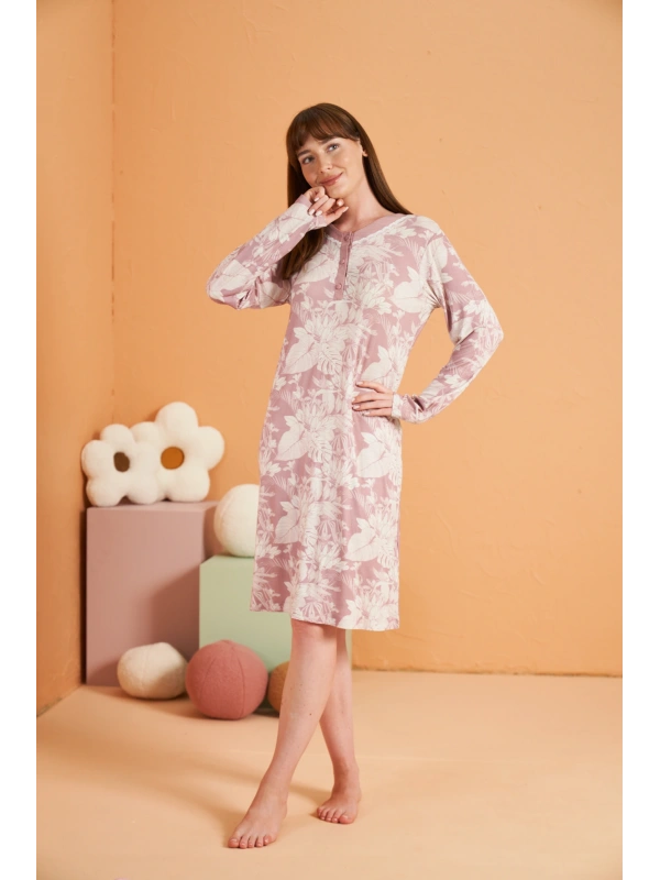 Pjs 28019 Kadın Uzun Kol Desenli Gecelik