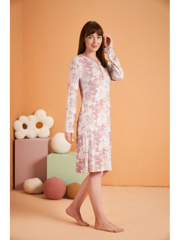 Pjs 28019 Kadın Uzun Kol Desenli Gecelik