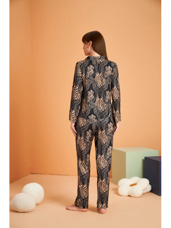 Pjs 28039 Kadın Uzun Kol Boydan Düğmeli Desenli Pijama Takımı