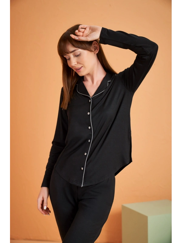 Pjs 28049 Kadın Uzun Kol Önü Düğmeli Pijama Takım
