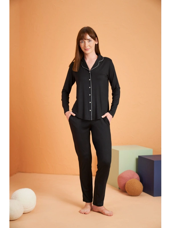 Pjs 28049 Kadın Uzun Kol Önü Düğmeli Pijama Takım