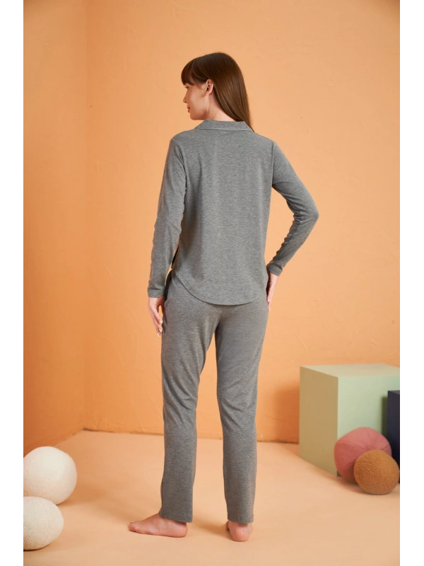 Pjs 28049 Kadın Uzun Kol Önü Düğmeli Pijama Takım