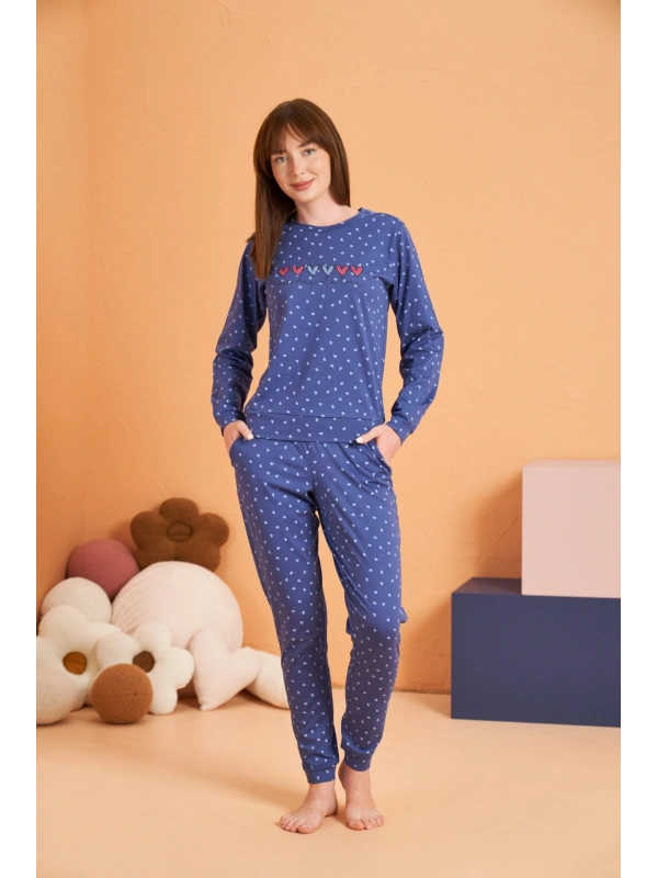 Pjs 28081 Kadın Uzun Kol Yuvarlak Yaka Kalpli Pijama Takım