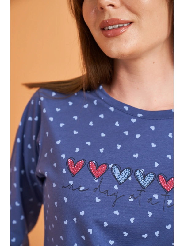 Pjs 28081 Kadın Uzun Kol Yuvarlak Yaka Kalpli Pijama Takım