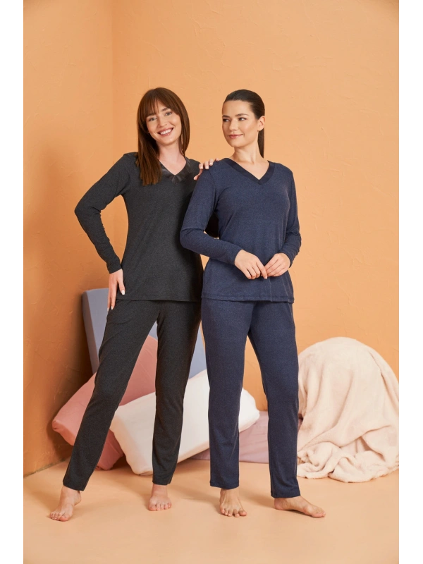 Pjs 28091 Kadın Uzun Kol V Yaka Pijama Takımı