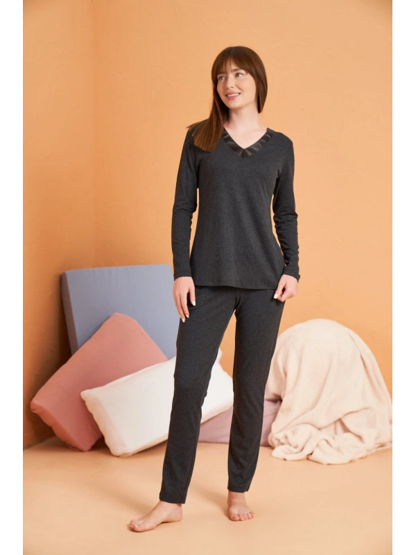 Pjs 28091 Kadın Uzun Kol V Yaka Pijama Takımı
