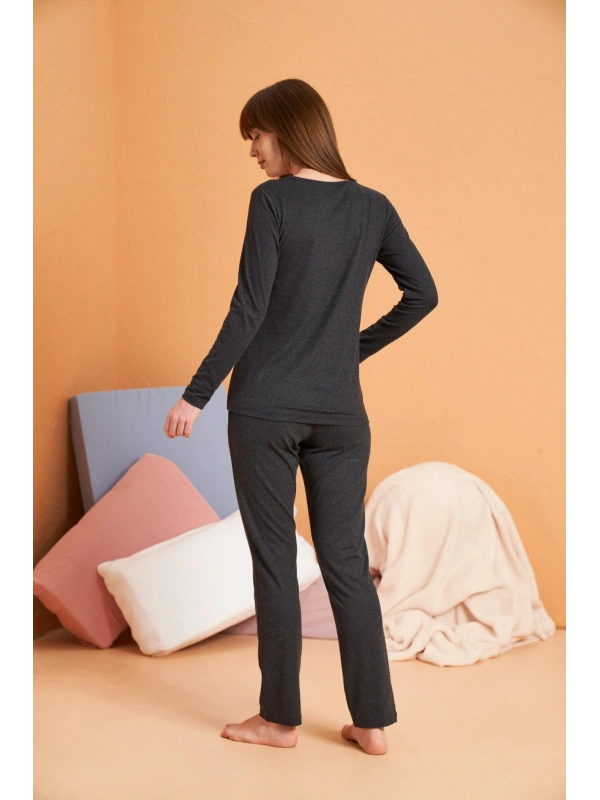 Pjs 28091 Kadın Uzun Kol V Yaka Pijama Takımı