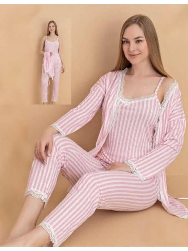 Stil Moda 6064 Kadın Çizgili Askılı Sabahlıklı Pijama Takımı