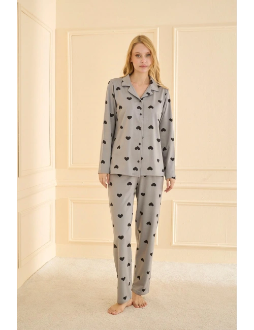 19103 Kadın Düğmeli Uzun Kol Pijama Takımı