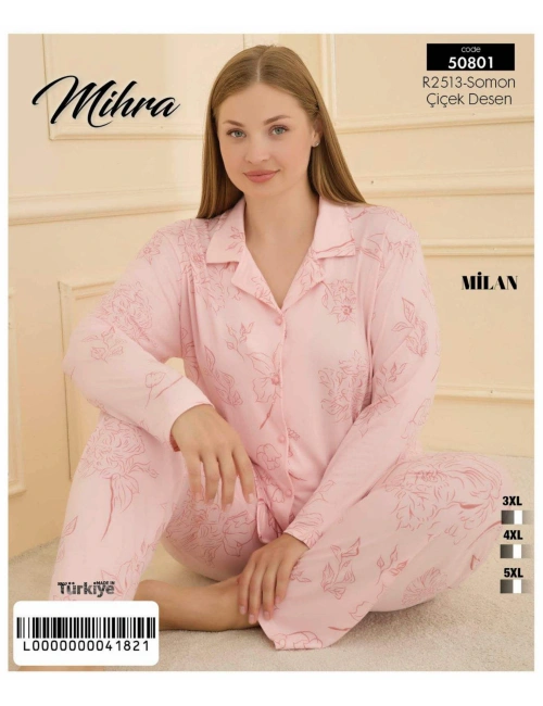 50801 Kadın Düğmeli Battal Pijama Takımı