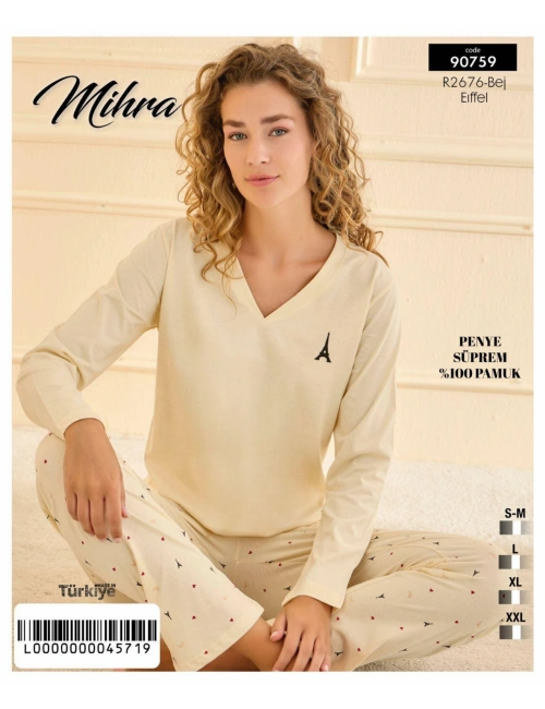 90759 Kadın V Yaka Uzun Kol Pijama Takımı