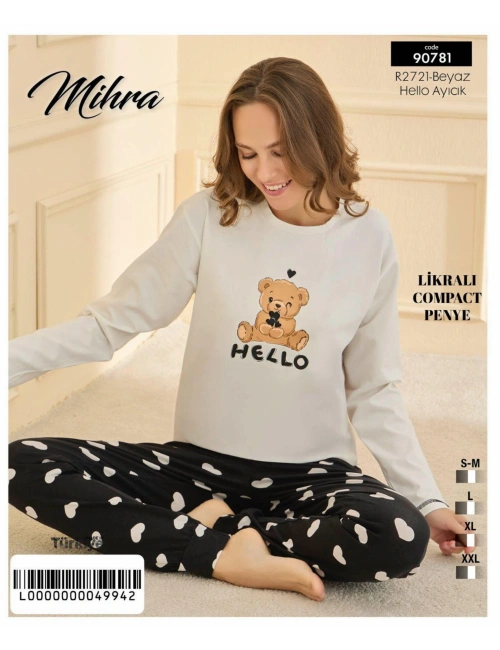90781 Kadın Ayıcıklı Uzun Kol Pijama Takımı