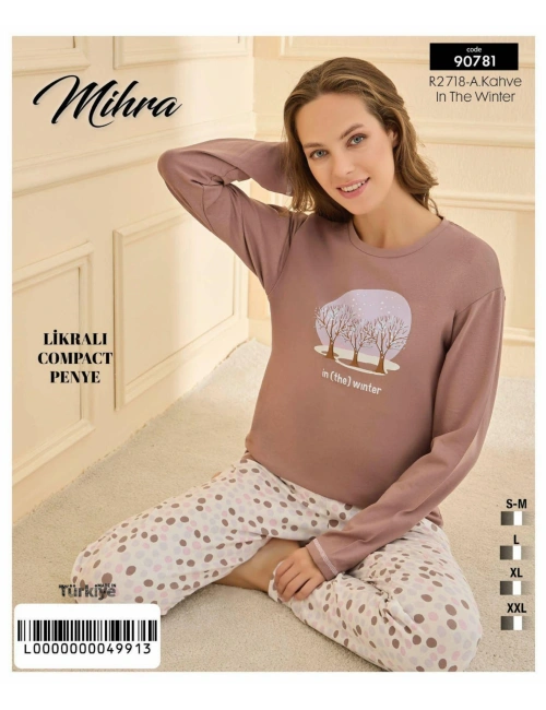 90781 Kadın Ayıcıklı Uzun Kol Pijama Takımı