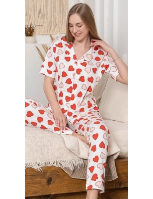 Alissa 6295 Kadın Kalp Desenli Patlı Pijama Takımı